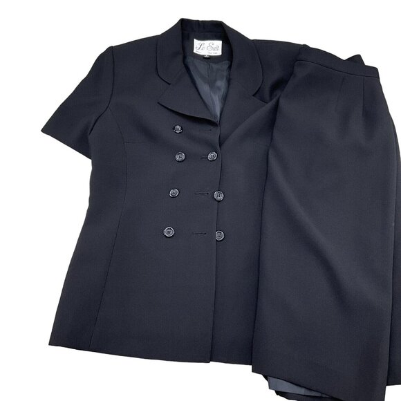 Le Suit Skirt Set Women 8 36/27Wx24L Black Crepe‎ Double Breasted Career Classic - Picture 1 of 15
